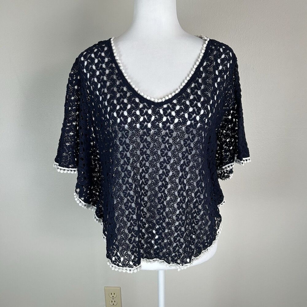 Crochet S/m Top Kimono Cover Up Navy White Lace Trim Sheer Open Knit Beach